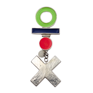 Circle Brooch with Bar, Accent Circle and Drop Cross - Lime Green, Dark Blue, Pink, and Orange.