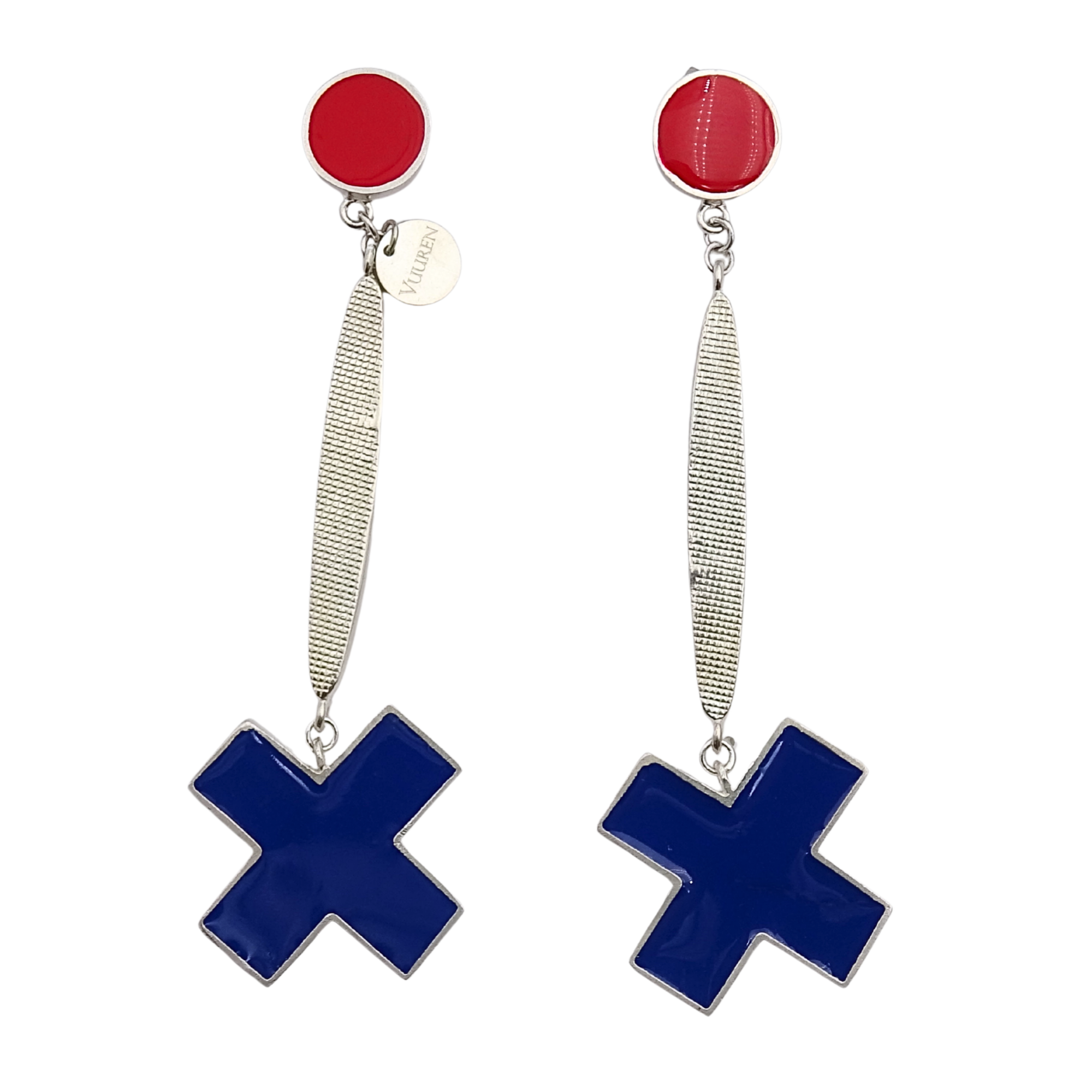 Cross Drop Earrings with Circle Tops - Dark Blue and Red