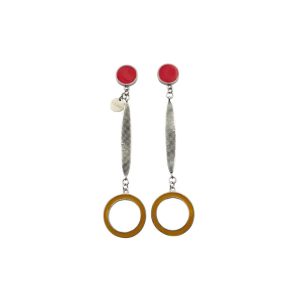 Circular Long Drop Earrings - Coral, Green and Yellow