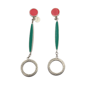 Circular Long Drop Earrings - Coral, Green and Yellow
