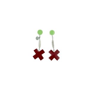 Long Cross Drop Earrings - Lime Green, Yellow and Red