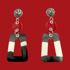 Geometric Layered Drop Earrings - Red, Black, White
