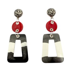 Geometric Layered Drop Earrings - Red, Black, White
