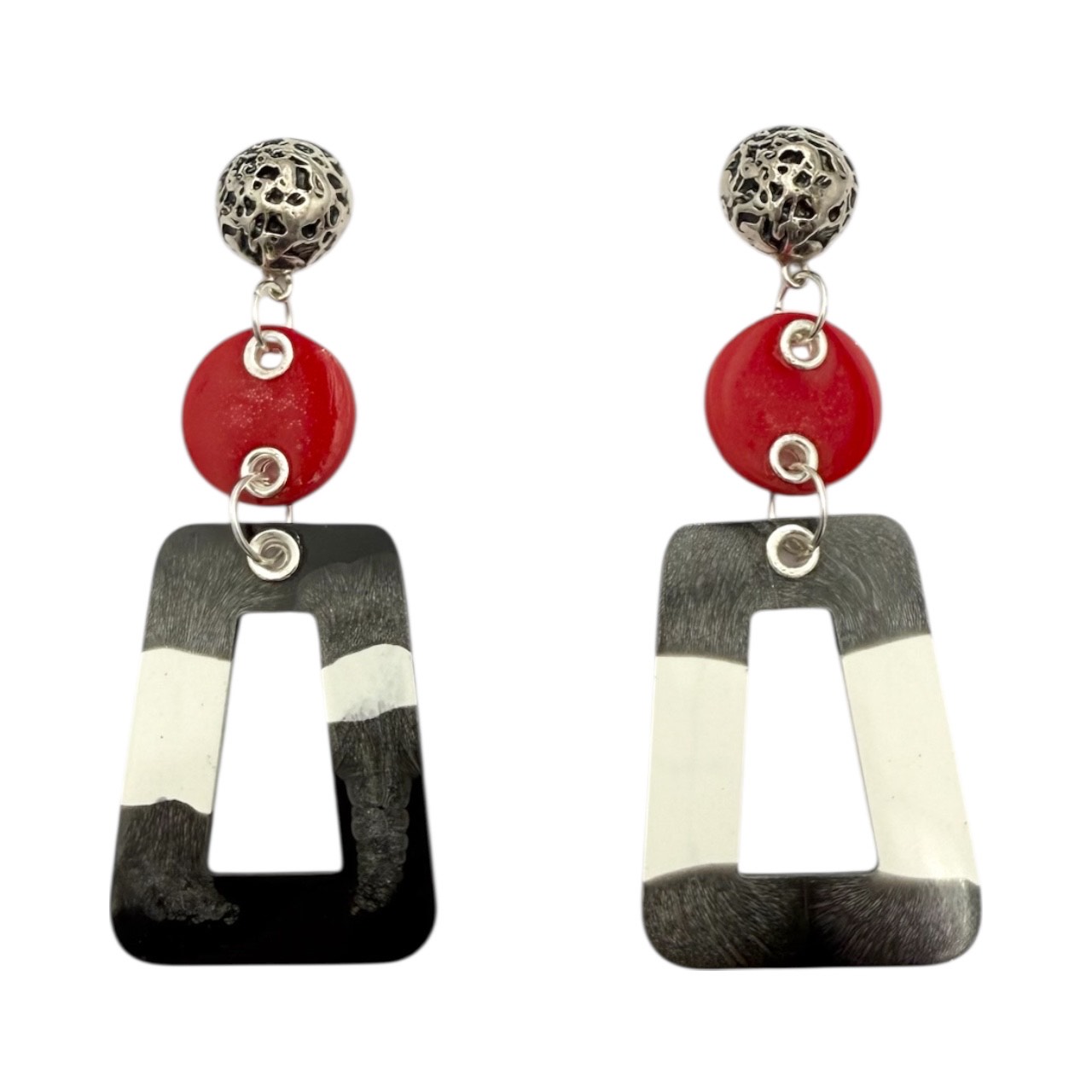 Geometric Layered Drop Earrings - Red, Black, White - Image 2
