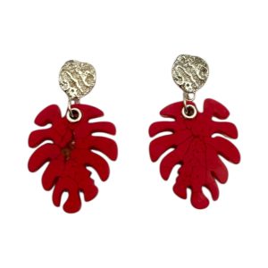 Geometric Leaf Drop Earrings - Red